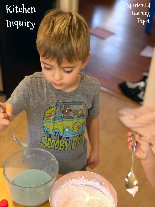 Whipped cream is a fun and easy kitchen science experiment option for kids. Testing different ingredients for frothiness was what is shown in this photo.