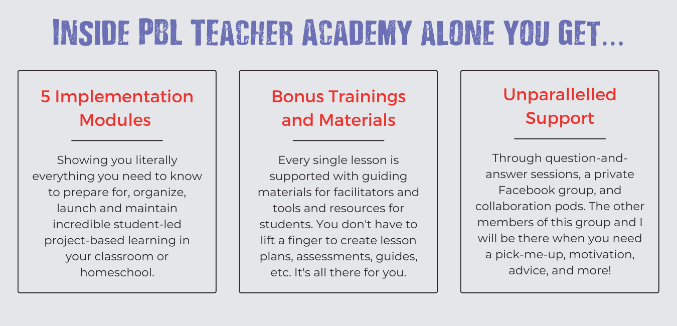 Everything you will find inside PBL Teacher Academy, a student-led project-based learning workshop. These things include 5 implementation modules, supporting materials, and support.