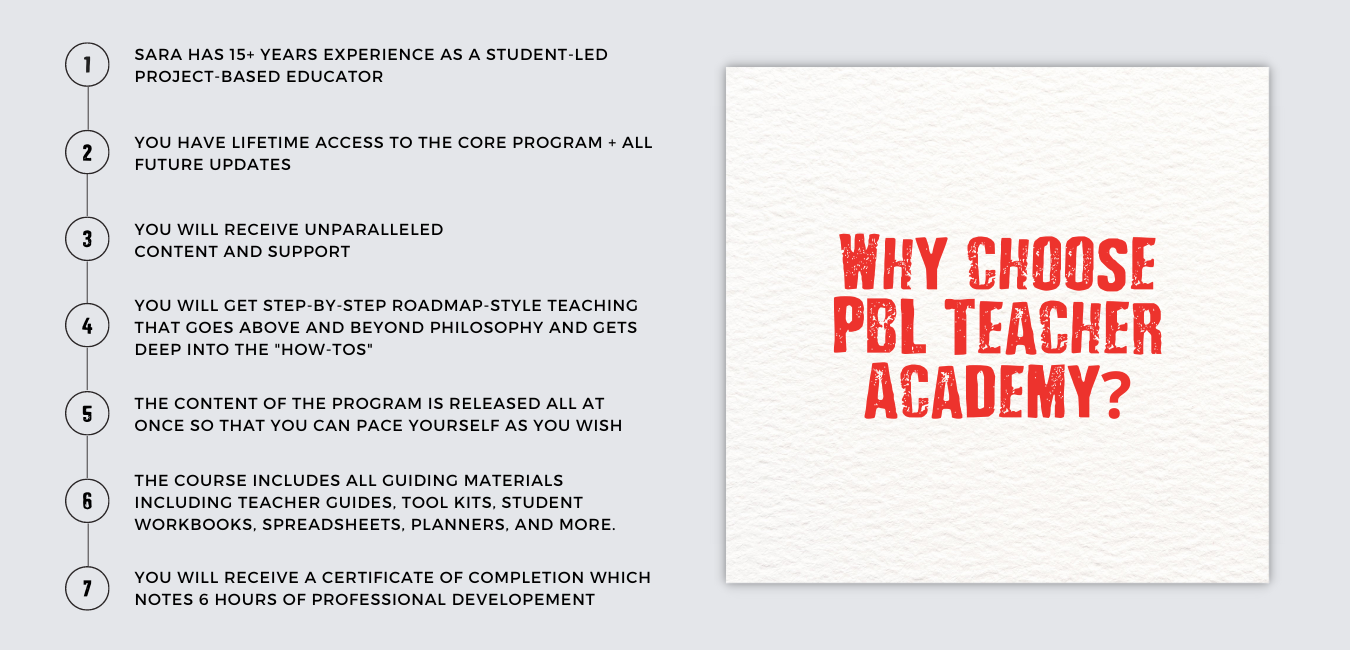 Shows all of the reasons why you should use PBL Teacher Academy as your student-led project-based learning workshop provider.