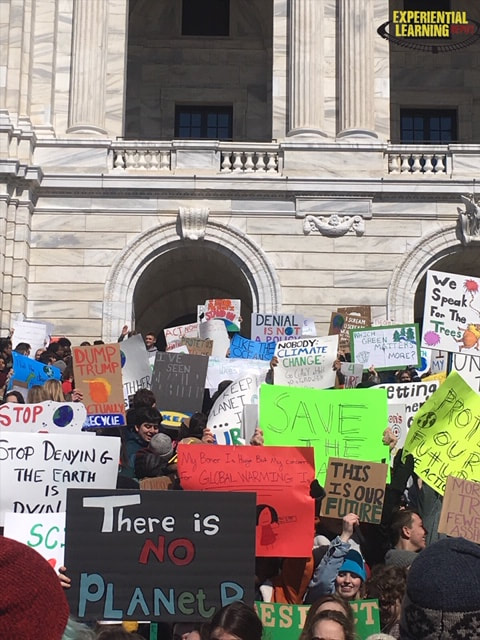 Student climate strike gains global attention. This photo is of students gathered in front of the MN State Capitol Building. 