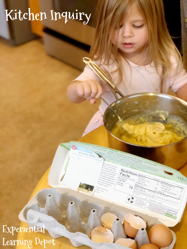 Cream puffs are a yummy easy kitchen science experiment food. This photo shows us experimenting with cream puffs, particularly with the number of eggs.