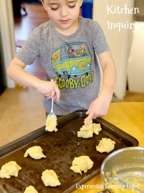 Cream puffs are a yummy easy kitchen science experiment food. This photo shows us experimenting with cream puffs, particularly with the number of eggs.