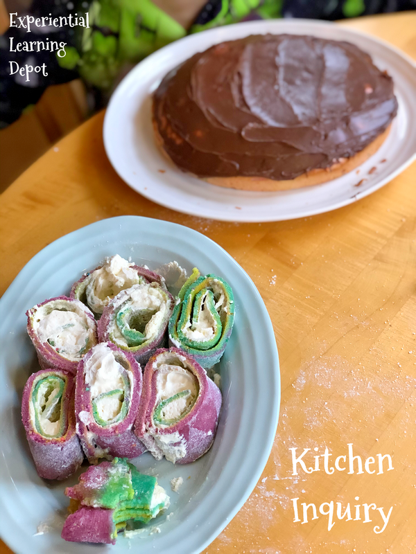 A roll cake is also a fun, easy kitchen science experiment idea. This photo shows us making a control roll cake, and roll cakes each missing one ingredient that we believed was important for cake structure.