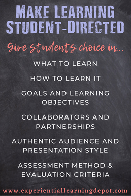 What is student-directed learning and what are some student-directed learning strategies that I can start with my students today? Infographic with ways that students can make choices in learning process and outcomes.