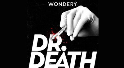 The cover photo of the Dr. Death podcast series, which is of a hand wearing a medical glove, holding a scalpel. 