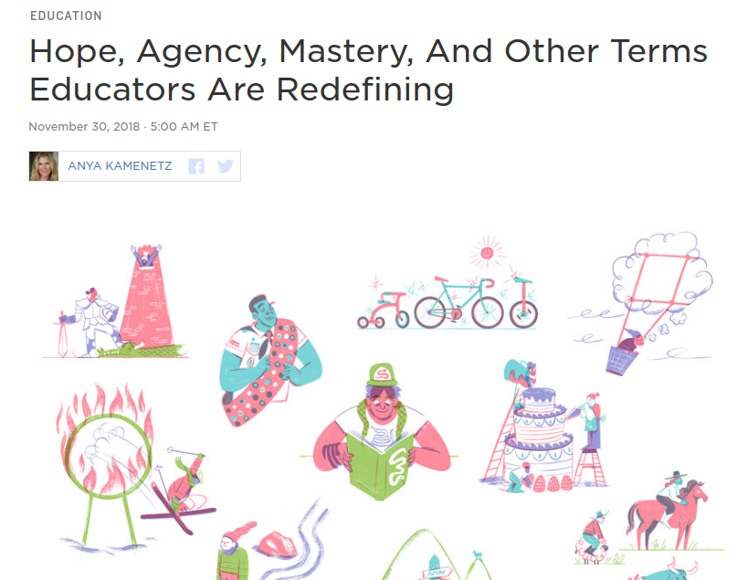 The cover of an article on personalized learning. The cover photo is of several cartoons performing skills and activities specific to their individual needs. 